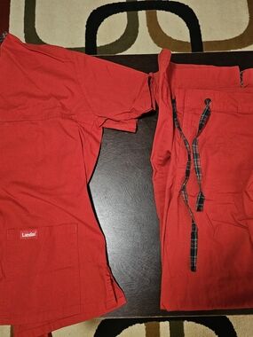 Landau Red Scrub Top with Plaid Trim